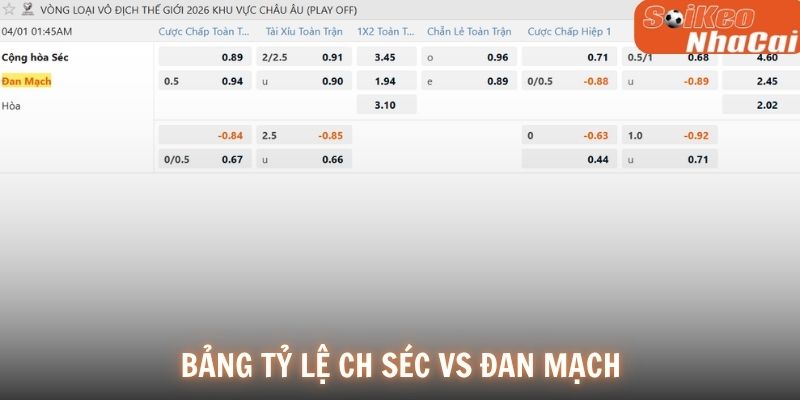 Bảng tỷ lệ kèo CH Séc vs Đan Mạch 01/04