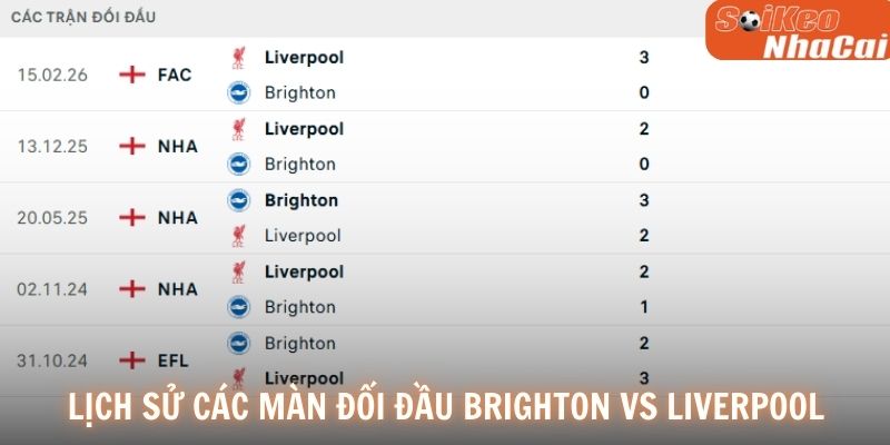 Lịch sử đối đầu Brighton vs Liverpool