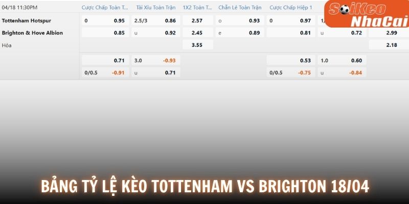 Bảng tỷ lệ kèo Tottenham vs Brighton 18/04