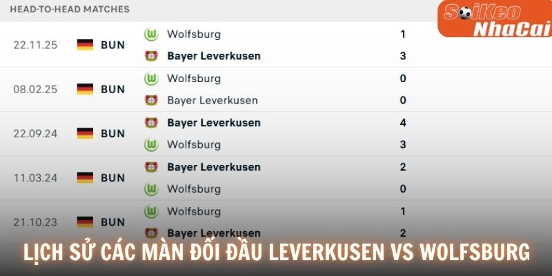 Lịch sử đối đầu Bayer Leverkusen vs Wolfsburg