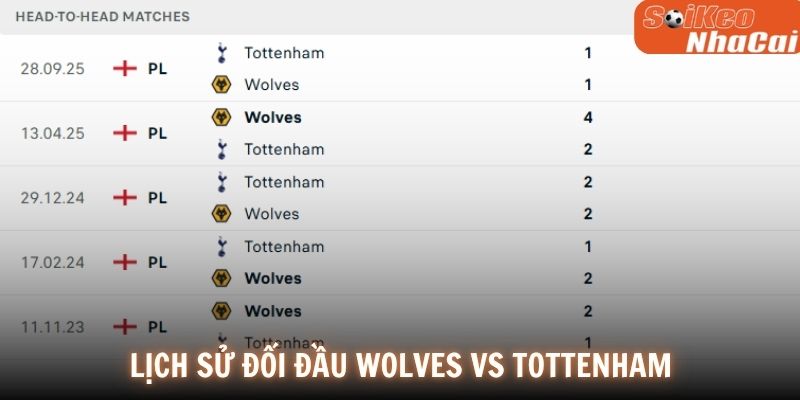 Lịch sử đối đầu Wolves vs Tottenham