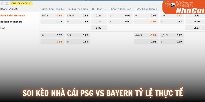 Bảng tỷ lệ kèo PSG vs Bayern Munich 29/04
